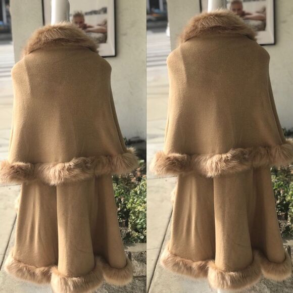 Luxurious Camel Faux Fur Double Layer Cape Coat - Picture 2 of 9
